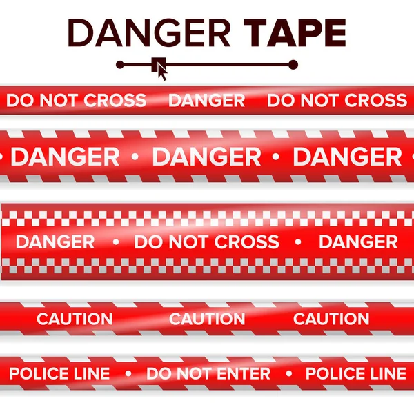 危険テープ ベクトル。赤と白。警告テープ ストリップ。現実的なプラスチック警察危険テープ セット分離の図 — ストックベクタ