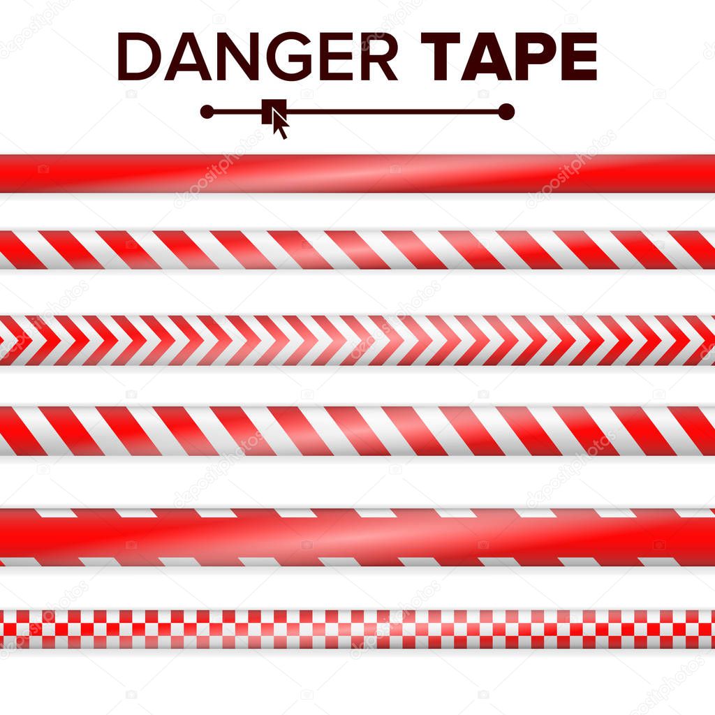 Danger Tape Vector. Red And White. Warning Tape Strips. Realistic Plastic Police Danger Tapes Set Isolated Illustration