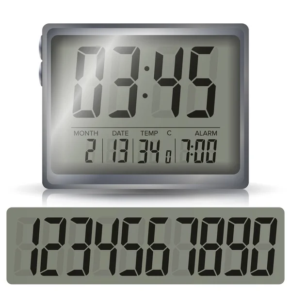 Wecker Digitaluhr-Vektor. schwarze Zahlen, metallischer Körper. Abbildung isoliert auf weiß — Stockvektor