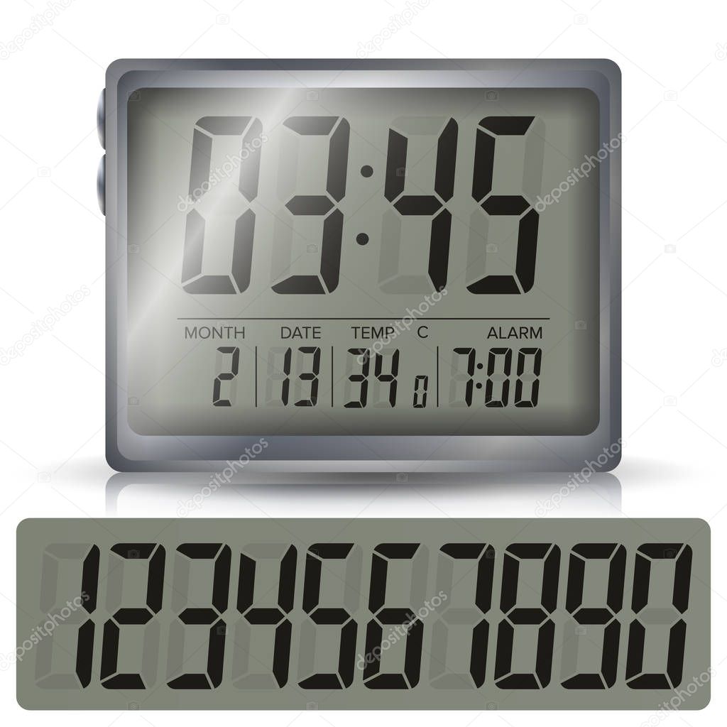 Alarm Digital Clock Vector. Black Numbers, Metallic Body. Illustration Isolated On White