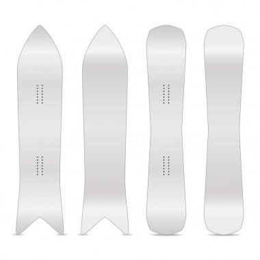 Snowboard gerçekçi boş küme vektör. Boş temiz beyaz Snowboards şablonu. Ön, arka taraf. Farklı türleri. İzole illüstrasyon