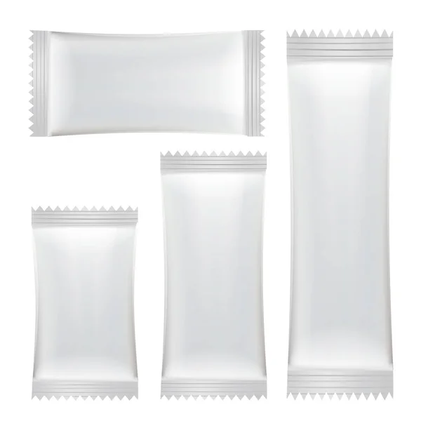 Dospåse vektor Set. Vit ren tom Stick dospåse förpackningar. Paketet Mock-up plastficka Snack Pack för din Design. Engångsförpackningar för Snacks, mat, socker. Isolerade Illustration — Stock vektor