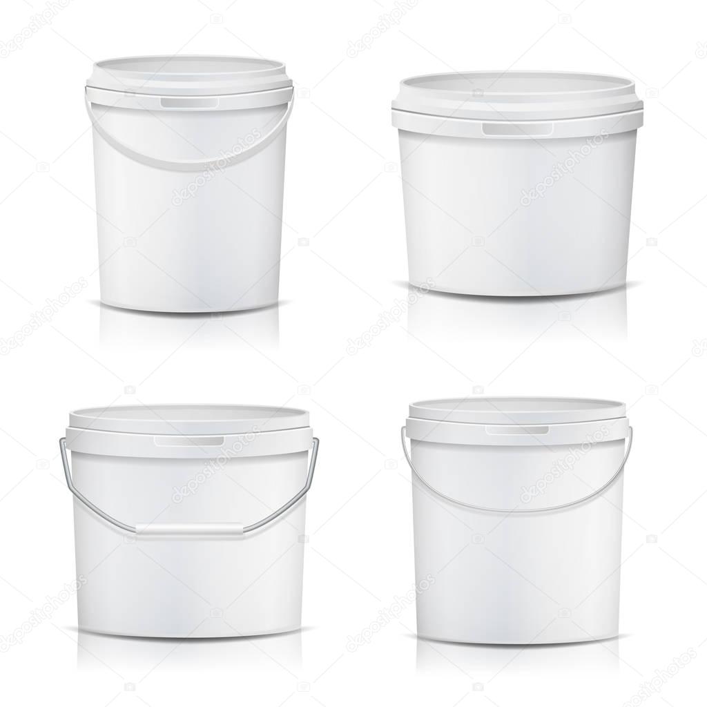 White Bucket Set Container Mock Up Vector. Product Packaging For Adhesives, Sealants, Primers, Putty. With Lid And Handle. Realistic Illustration