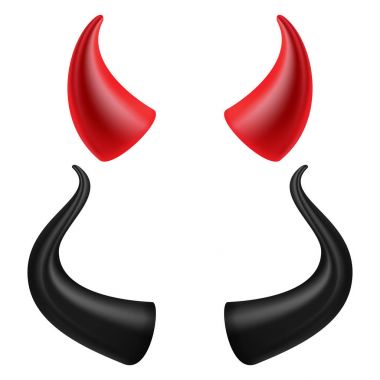 Şeytan boynuzu vektör. Gerçekçi kırmızı ve siyah şeytan boynuzlarını ayarlayın. Beyaz illüstrasyon izole.