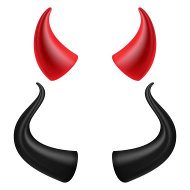 Şeytan boynuzu vektör. Gerçekçi kırmızı ve siyah şeytan boynuzlarını ayarlayın. Beyaz illüstrasyon izole.