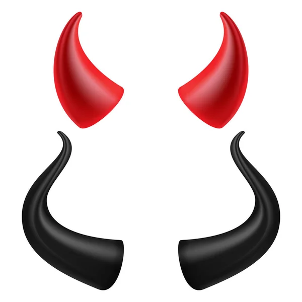 Vector de cuernos de demonios. Realista rojo y negro cuernos del diablo conjunto. Aislado en la ilustración blanca . — Archivo Imágenes Vectoriales