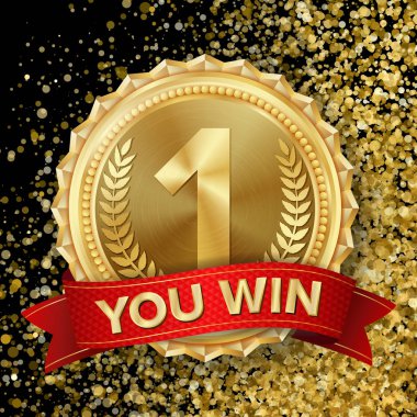 Altın madalya vektör. En iyi ilk yerleşim. Spor oyun altın Challenge Ödülü. Kırmızı kurdele. Gerçekçi illüstrasyon.