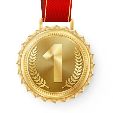 Altın madalya vektör. 1. sıra altın rozet. Spor oyun altın Challenge Ödülü. Kırmızı kurdele. İzole. Zeytin dalı. Gerçekçi illüstrasyon.