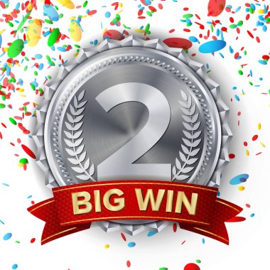 Gümüş madalya vektör. Düşen konfeti patlama. Kırmızı kurdele. Beyaz arka plan üzerinde izole. Gerçekçi illüstrasyon.