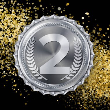 Gümüş madalya vektör. En iyi ilk yerleşim. Spor oyun gümüş Challenge Ödülü. Kırmızı kurdele. Gerçekçi illüstrasyon.