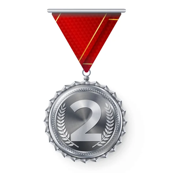 Zilveren medaille Vector. Ronde Championship Label. Competitie Challenge Award. Rood lint. Geïsoleerd op wit. Realistische afbeelding. — Stockvector