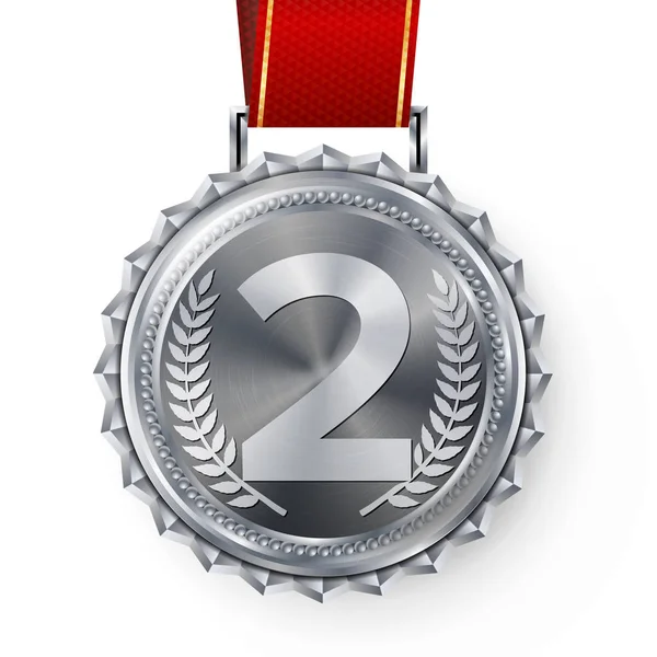 Ασημένιο μετάλλιο διάνυσμα. Ασημένια κονκάρδα 2η θέση. Βραβείο παιχνίδι ασημένια πρόκληση αθλητισμού. Κόκκινη κορδέλα. Απομονωμένη. Κλαδί ελιάς. Ρεαλιστική απεικόνιση. — Διανυσματικό Αρχείο