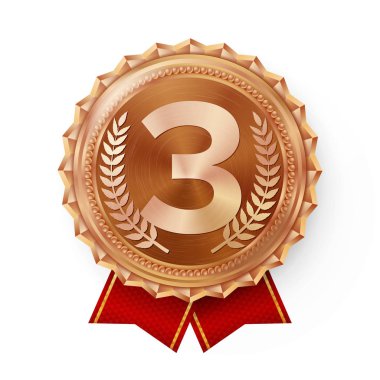 Bronz madalya vektör. En iyi ilk yerleşim. Kazanan, şampiyon, bir numara. 3. sıra başarı. Metalik kazanan ödül. Kırmızı kurdele. Beyaz arka plan üzerinde izole. Gerçekçi illüstrasyon.