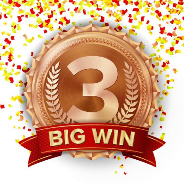 Bronz madalya vektör. Bronz, bakır 3. sıra. Rekabet Challenge Ödülü. Parlak konfeti düşüyor. Kırmızı kurdele. İzole. Zeytin dalı. Gerçekçi illüstrasyon.