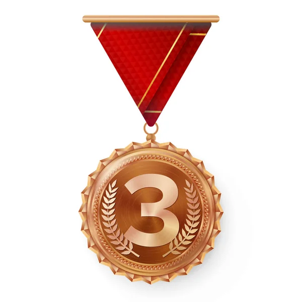Bronzen medaille Vector. Ronde Championship Label. Competitie Challenge Award. Rood lint. Geïsoleerd op wit. Realistische afbeelding. — Stockvector