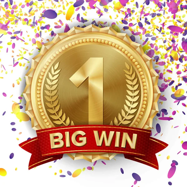 Altın madalya vektör. Düşen konfeti patlama. Kırmızı kurdele. Beyaz arka plan üzerinde izole. Gerçekçi illüstrasyon.