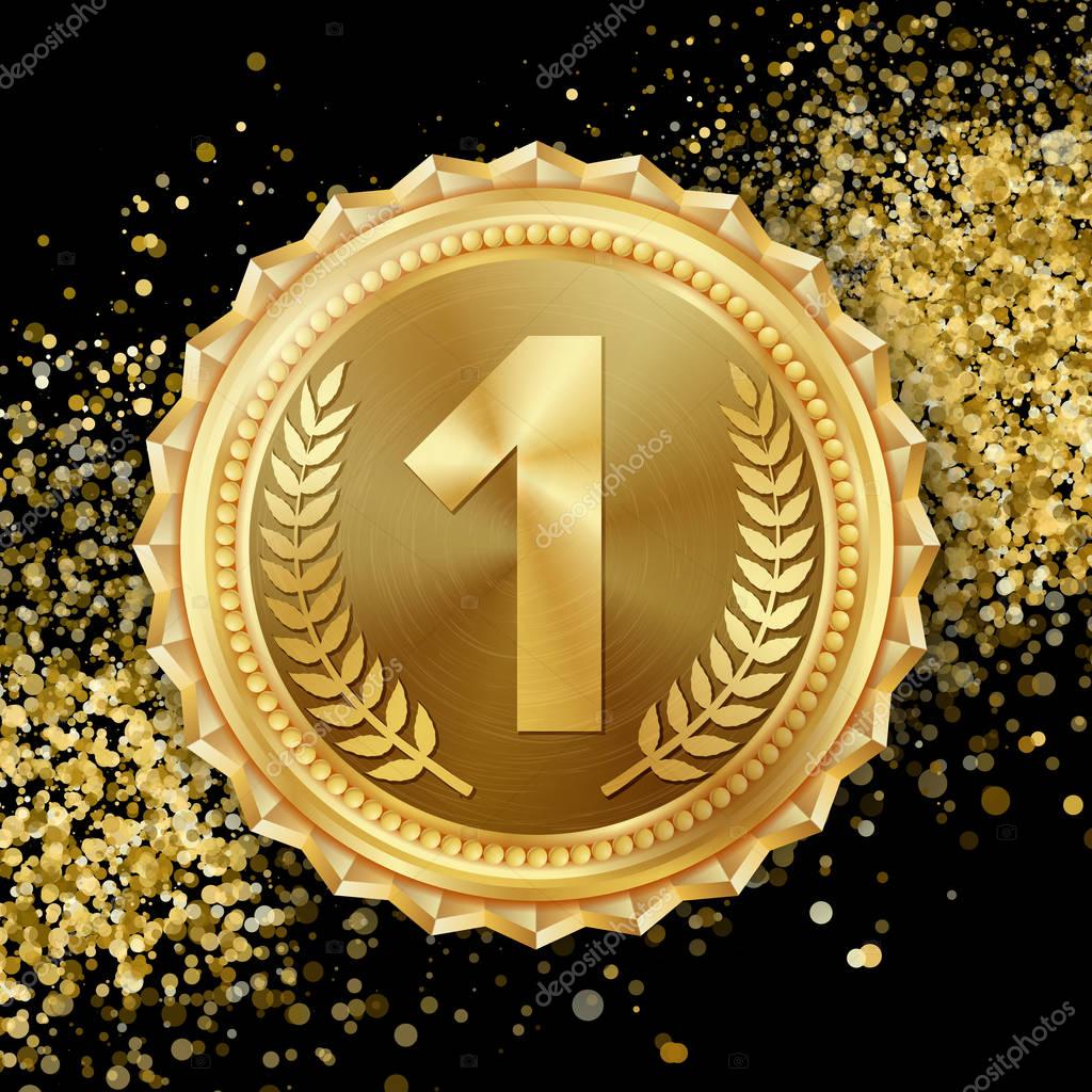 Gold Medal Vector. 1st Place Achievement. Winner, Champion, Number One. Olive Branch. Realistic