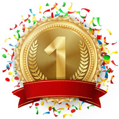 Altın madalya vektör. Altın 1 yer. Rekabet Challenge Ödülü. Parlak konfeti düşüyor. Kırmızı kurdele. İzole. Zeytin dalı. Gerçekçi illüstrasyon.