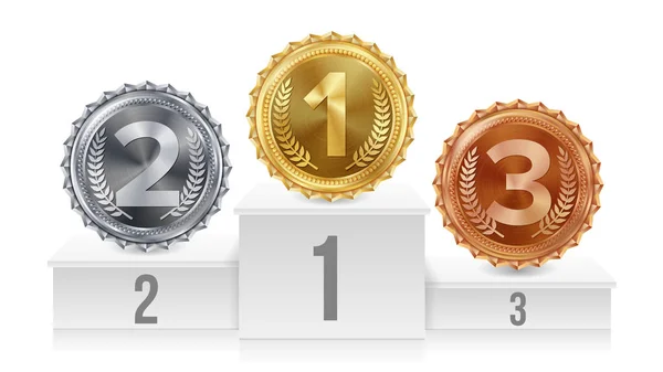 Pedestal con oro, plata, medallas de bronce Vector. Ganadores Blancos Podium. Número uno. 1ª, 2ª, 3ª Placement Achievement Concept. Ilustración aislada . — Archivo Imágenes Vectoriales