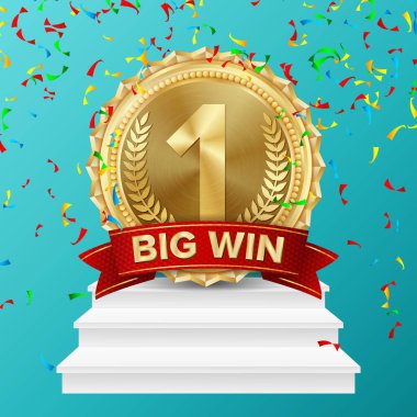 Bir numaralı kavram vektör. Metal gerçekçi ilk yerleşim başarı. Kırmızı kurdele, kabartma detay çizim ile yuvarlak madalya. Beyaz kazanan Kaide.