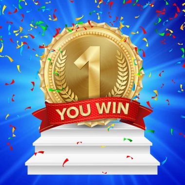 1. lik kazanan vektör. Altın madalya gerçekçi. İlk yerleştirme başarısı. Rekabet oyun altın başarı. Şampiyon kupa Ödülü. Beyaz kazanan podyum.