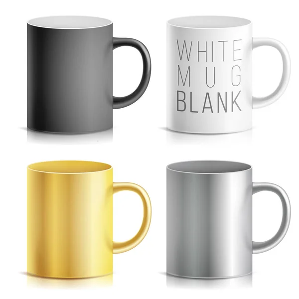 Taça realista, caneca Set Vector. Branco, preto, prata, cromo, copo de ouro isolado em fundo branco. Modelo de caneca clássico com alça ilustração. Para o Branding de Negócios — Vetor de Stock