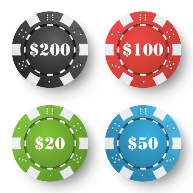 Klasik Poker fişleri vektör. Renkli Poker oyunu üzerinde izole beyaz arka plan fişleri. İllüstrasyon.