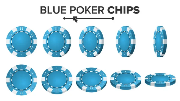 Blå Poker Chips vektor. 3D realistiskt. Runda spelet pokermarker logga isolerade på vit. Vänd olika vinklar. Big Win koncept Illustration. — Stock vektor