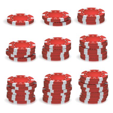 Kırmızı Poker fiş yığınları vektör. 3D gerçekçi kümesi. Plastik Poker kumar beyaz arka plan üzerinde izole işareti fişleri. Casino Jackpot, başarı illüstrasyon.