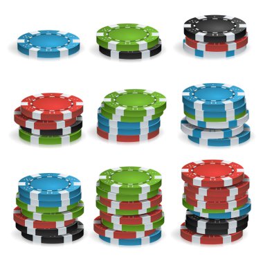 Poker fiş yığınları vektör. Plastik. Beyaz, kırmızı, siyah, mavi, yeşil Casino Chips illüstrasyon. Online Casino için kumar Club, Poker, Billboard.