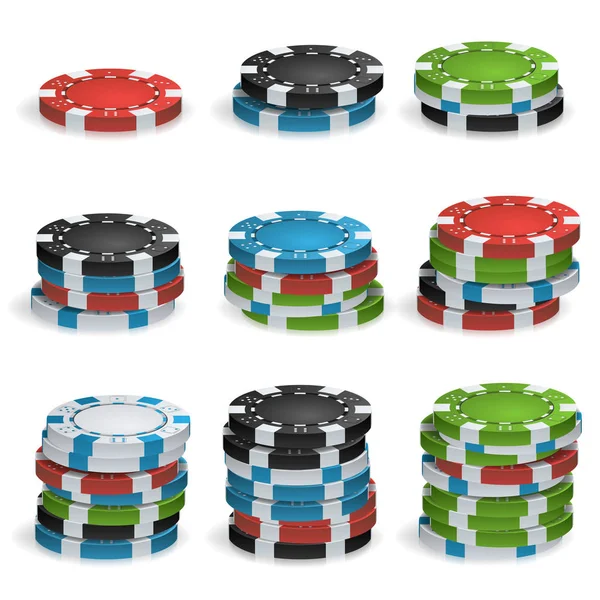 Gambling marker stackar vektor. 3D realistiskt. Poker spel Chips isolerad på vit bakgrund Illustration. — Stock vektor