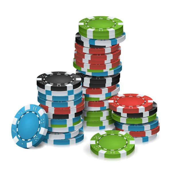 Hazardní hry čipy hromádky vektoru. 3D realistické. Hru Poker žetonů izolované na bílém pozadí pro Online kasinových her, klub, Poker, Billboard. — Stockový vektor