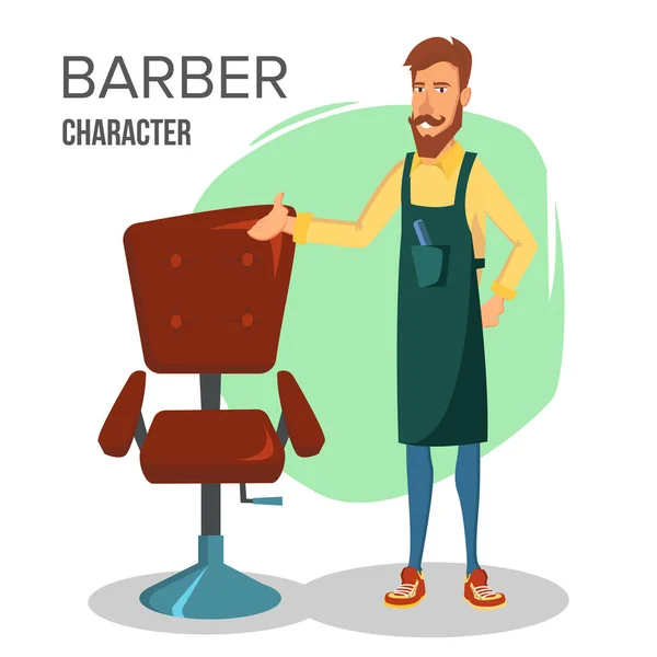 Vetor de Personagem do Barbeiro dos Desenhos Animados. Cadeira de salão clássica. Barbeiro profissional feliz em pé no local de trabalho. Desenhos animados ilustração . —  Vetores de Stock