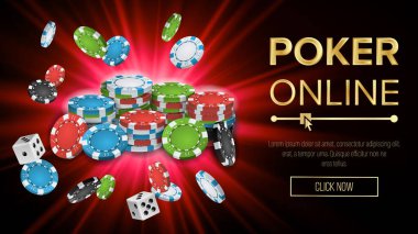 Online Poker vektör. Kumar Casino Banner işareti. Patlama cips, zar. Jackpot Casino Billboard, tabela, pazarlama lüks afiş, Poster illüstrasyon.