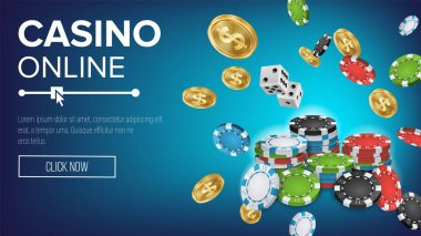 Online Casino Poster vektör. Poker kumar casino işareti. Bright fişleri, zar, Doları paralar. Kazanan şanslı sembolü. Jackpot Billboard, lüks illüstrasyon pazarlama.