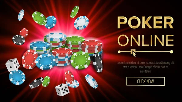 Vettore di poker online. Gioco d'azzardo Casino Banner segno. Patatine esplosive, giocare a dadi. Jackpot Casino Billboard, segnaletica, banner di lusso di marketing, illustrazione del poster . — Vettoriale Stock