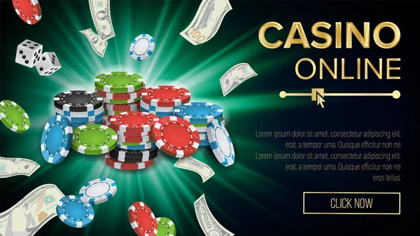 Kumar Casino Banner vektör. Patlama parlak cips, zar, Doları banknot. Kazanan sembol. Jackpot Billboard, lüks afiş illüstrasyon.