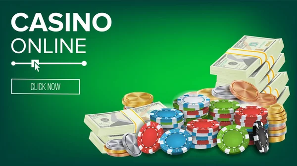 Casino Banner Vector. Online Poker Gambling Casino Banner Sign (en inglés). Chips brillantes, monedas de dólar, billetes. Símbolo de la suerte ganador. Cartelera de Jackpot Casino, señalización, ilustración de póster de lujo de marketing . — Vector de stock