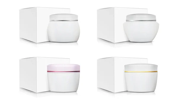 Cream Jar Embalagem Modelo Set Vector. Papel branco ou caixa de papelão. Design de produto orgânico. Frascos Cosméticos em Branco. Cosméticos naturais embalagem ilustração . — Vetor de Stock