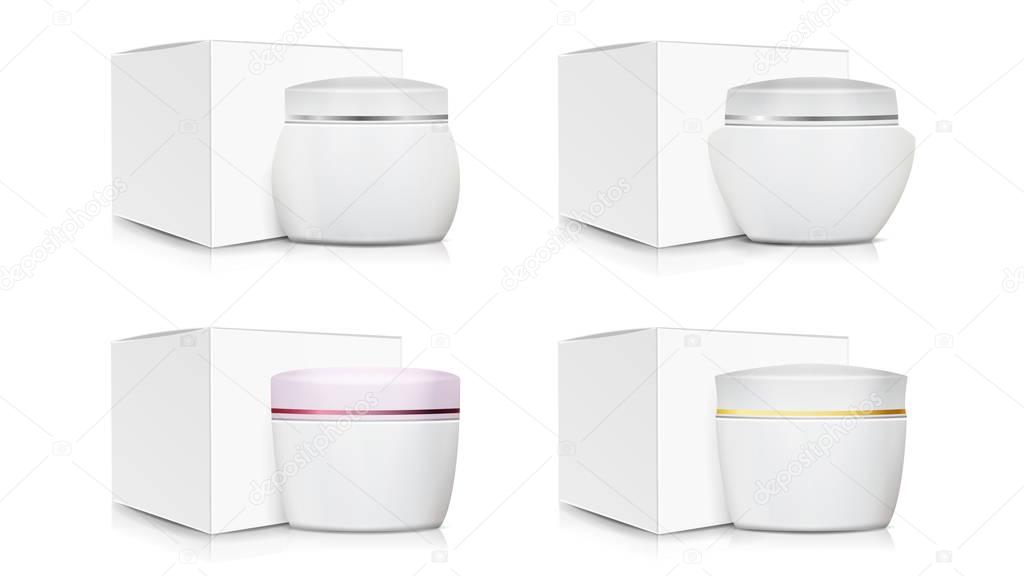 Cream Jar Packaging Template Set Vector. White Paper Or Cardboard Box. Organic Product Design. Blank Cosmetic Jars. Natural Cosmetics Packaging Illustration.