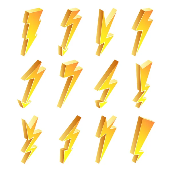 Ensemble vectoriel d'icônes de foudre 3D. Illustration isolée jaune foudre de bande dessinée. symbole de foudre. Panneau électrique . — Image vectorielle