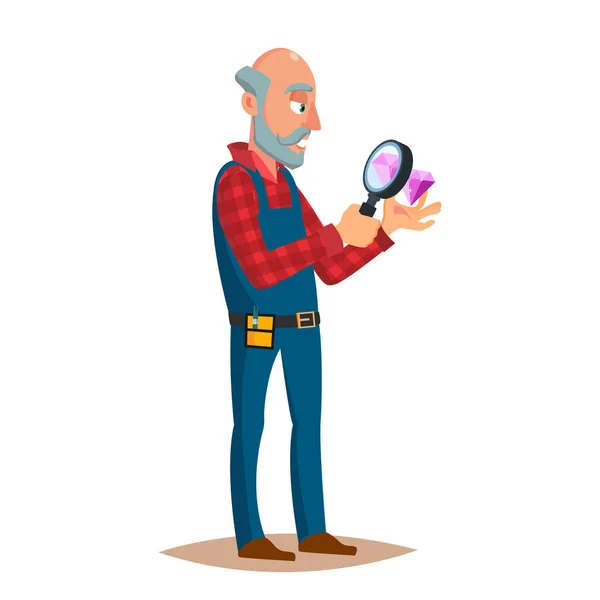 Jeweler Diamond Expert Vector. Jewels And Diamonds. Man Examines Faceted Diamond In Workplace. Cartoon Character Illustration — Stock Vector