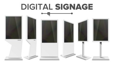 Digital Signage Touch Kiosk Set Vector. Display Monitor. Multimedia Stand. LCD High Defintion Digital Signage. For Restaurants Advertising Projects. Isolated Illustration clipart