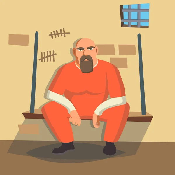 Man In Prison Vector. Bandido preso e trancado. Isolado na ilustração branca do caráter dos desenhos animados —  Vetores de Stock