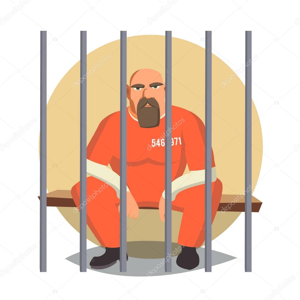 Prisoner In Jail Vector. Gangsta Man Arrested And Locked. Flat Cartoon Illustration