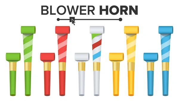 Party Horn Set Vector (em inglês). Colorir Penny Whistle. Vista superior. Isolado na ilustração branca —  Vetores de Stock