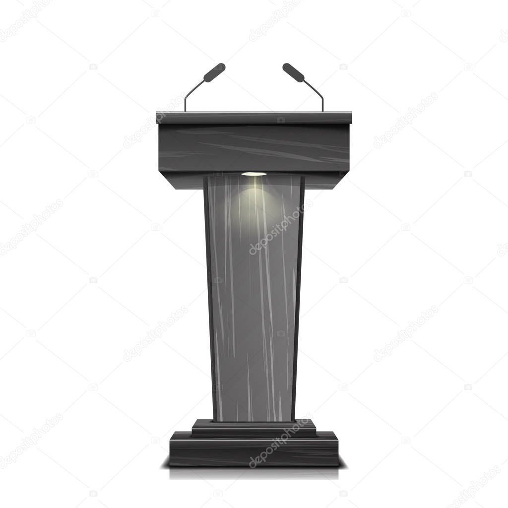 Realistic Wooden Tribune Isolated Vector. With Two Microphones. Dark Wooden Podium Stand Sign Rostrum. Illustration For The Performance Presentation Speech.