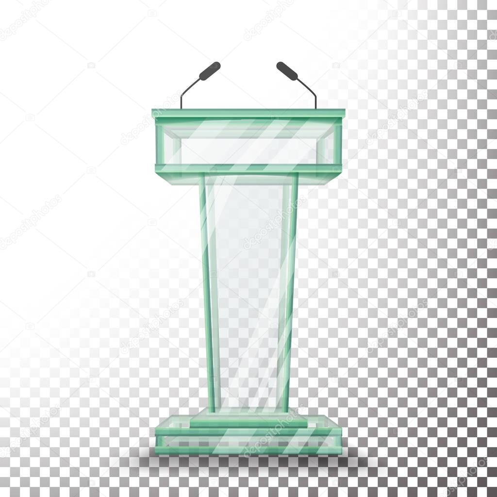 Transparent Glass Podium Tribune Vector. Rostrum Stand With Microphones. Isolated On Transparent Background Illustration. Business Presentation Speech