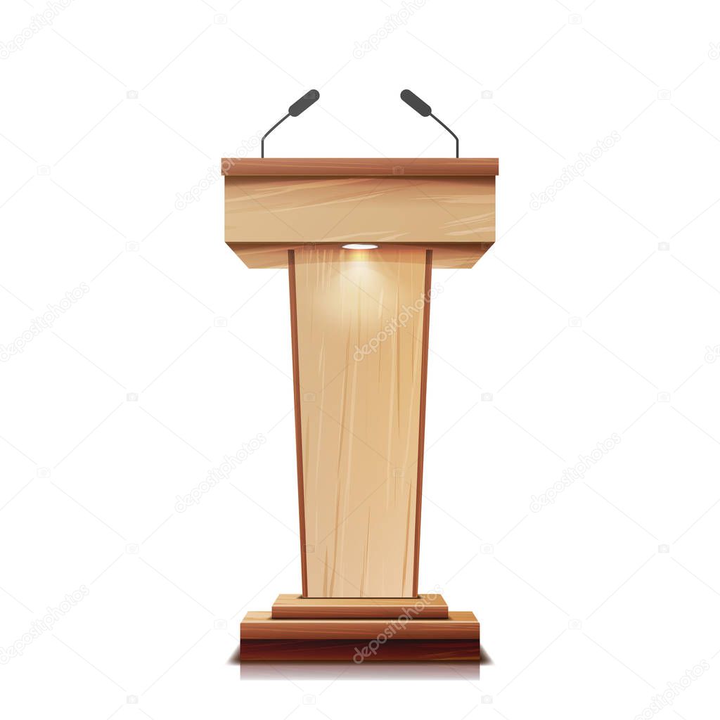 Realistic Wooden Tribune Isolated Vector. With Two Microphones. Wooden Classic Podium Stand Rostrum. Illustration
