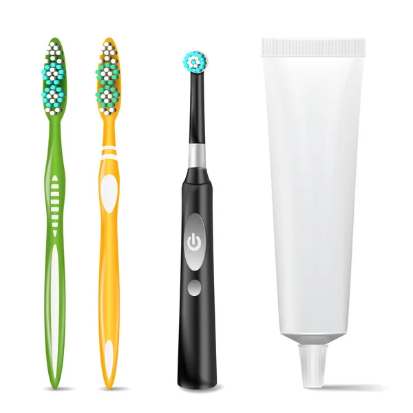 Műanyag és elektromos fogkefe, fogkrém cső vektor. Ál fel a márka Design. Elszigetelt fehér illusztráció. — Stock Vector